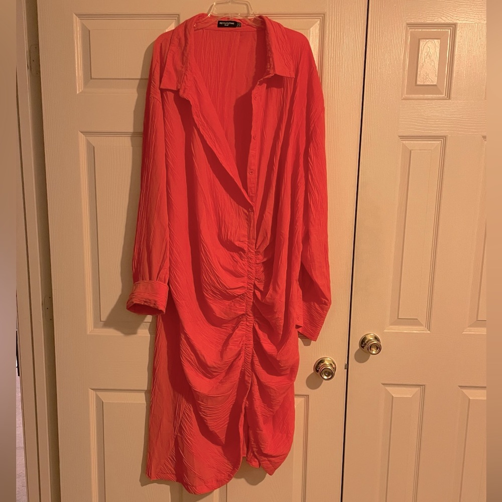 Orange Textured Gathered Detailed Maxi Dress